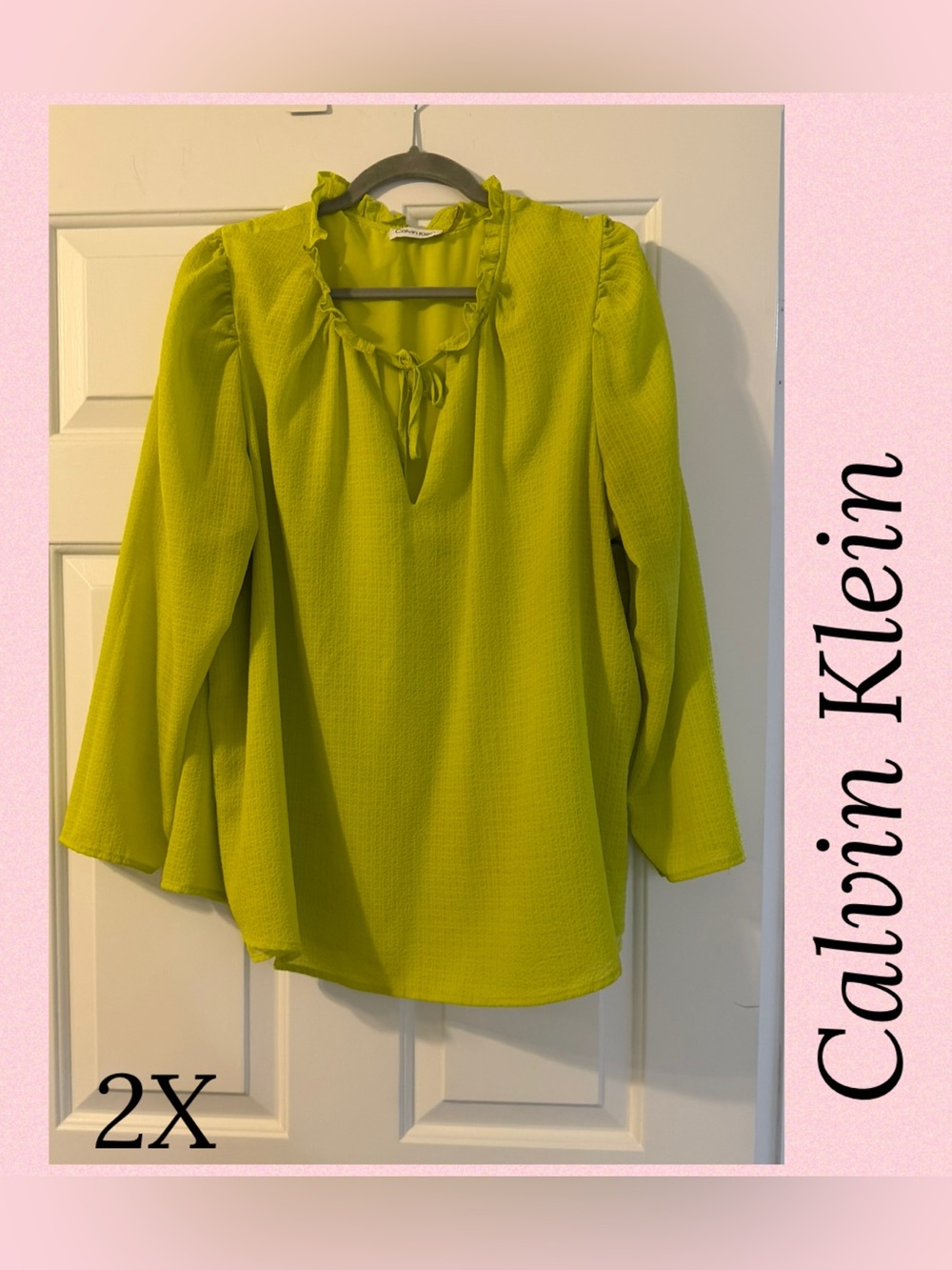 Calvin Klein Lime Green Ruffle-Neck Long Sleeve Blouse